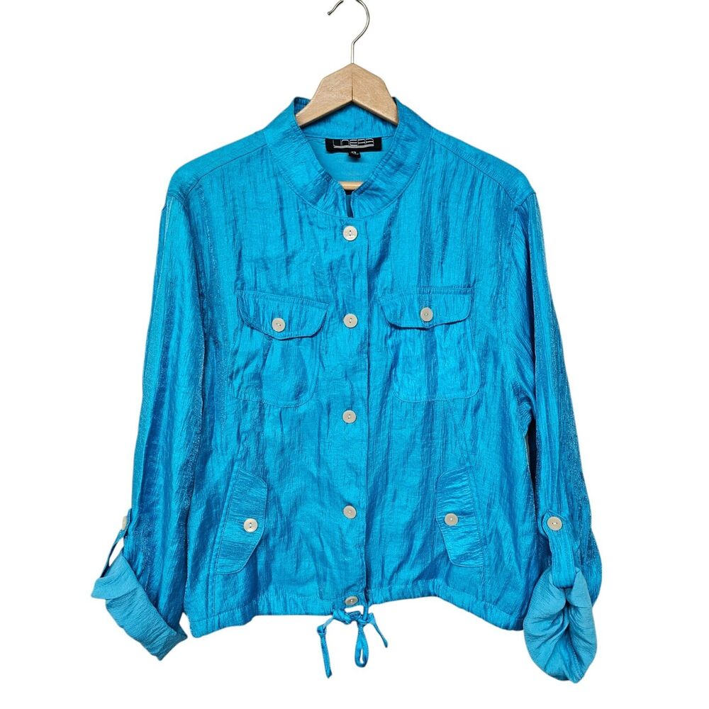 Linear Womens Jacket Size 2XShiny Metallic Roll Tab Sleeve Lightweight Bomber